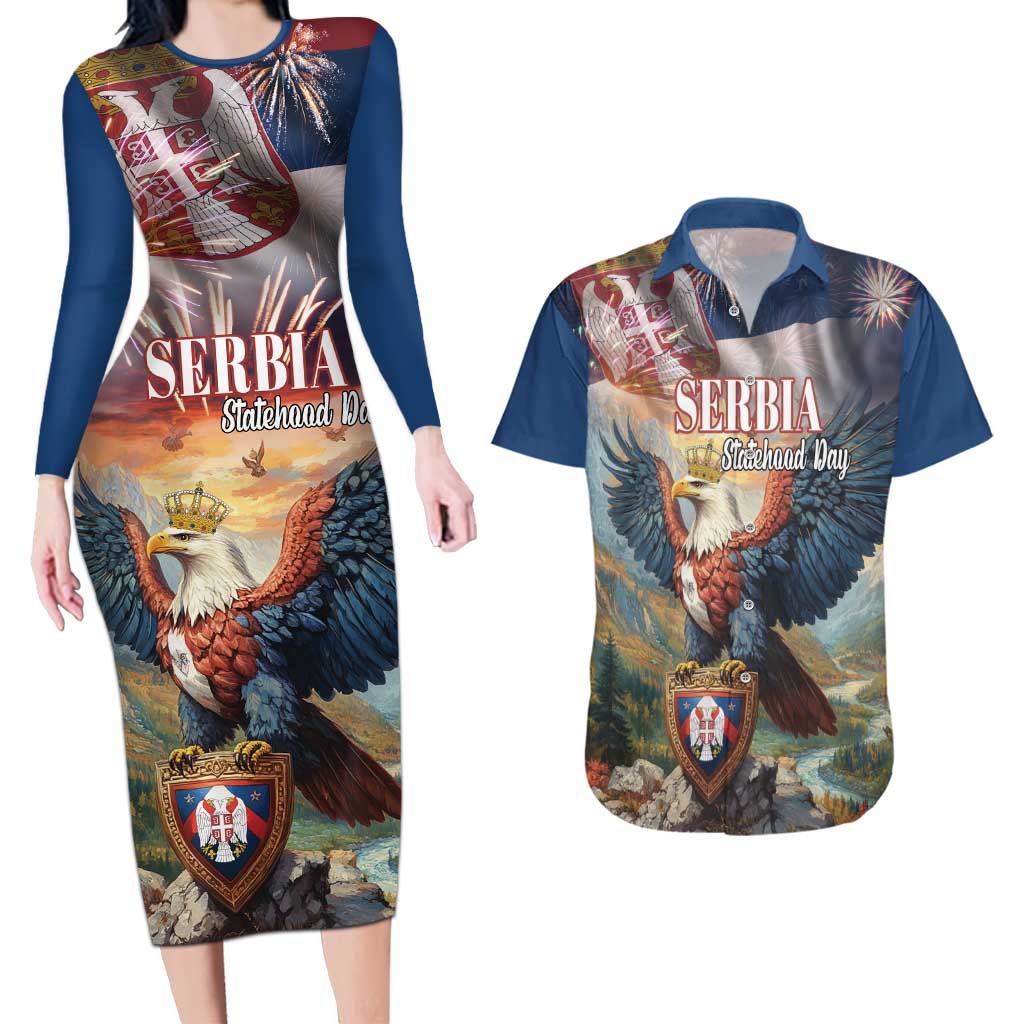 Serbia Eagle Statehood Day Couples Matching Long Sleeve Bodycon Dress and Hawaiian Shirt Only Unity Saves The Serbs - Wonder Print Shop