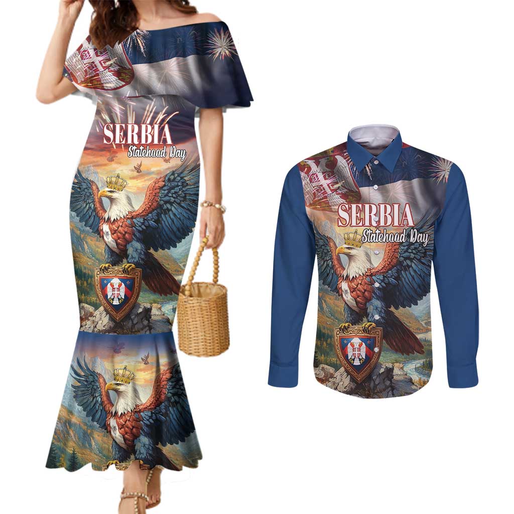 Serbia Eagle Statehood Day Couples Matching Mermaid Dress and Long Sleeve Button Shirt Only Unity Saves The Serbs