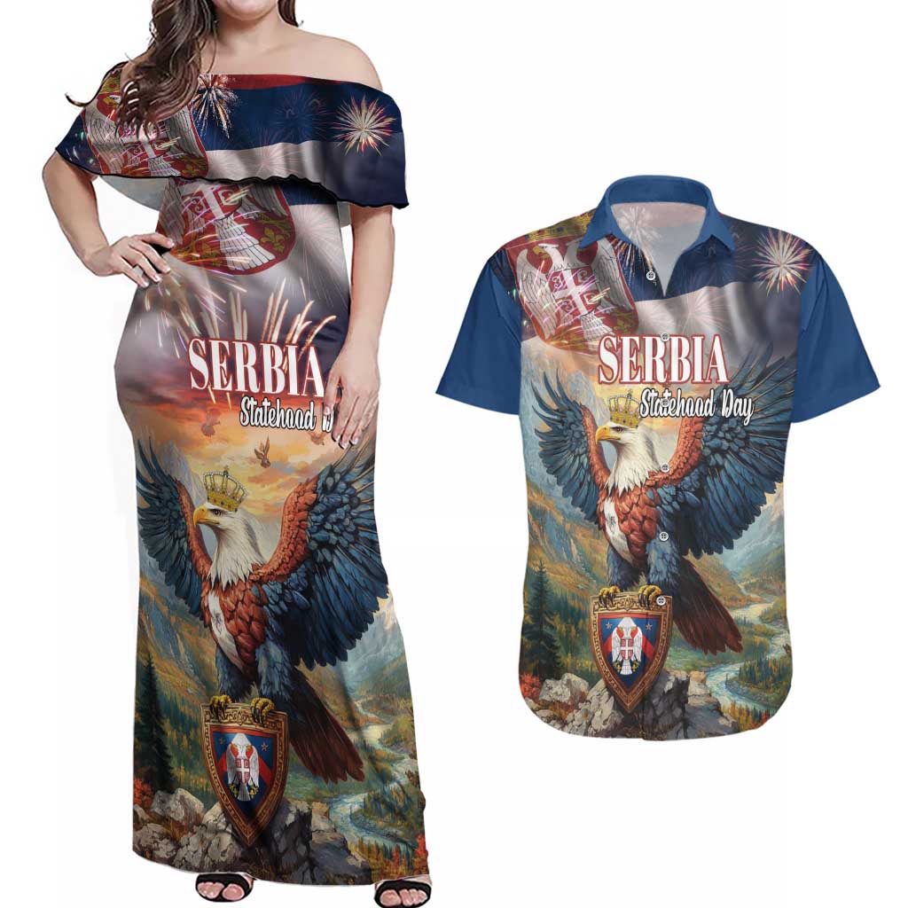 Serbia Eagle Statehood Day Couples Matching Off Shoulder Maxi Dress and Hawaiian Shirt Only Unity Saves The Serbs - Wonder Print Shop