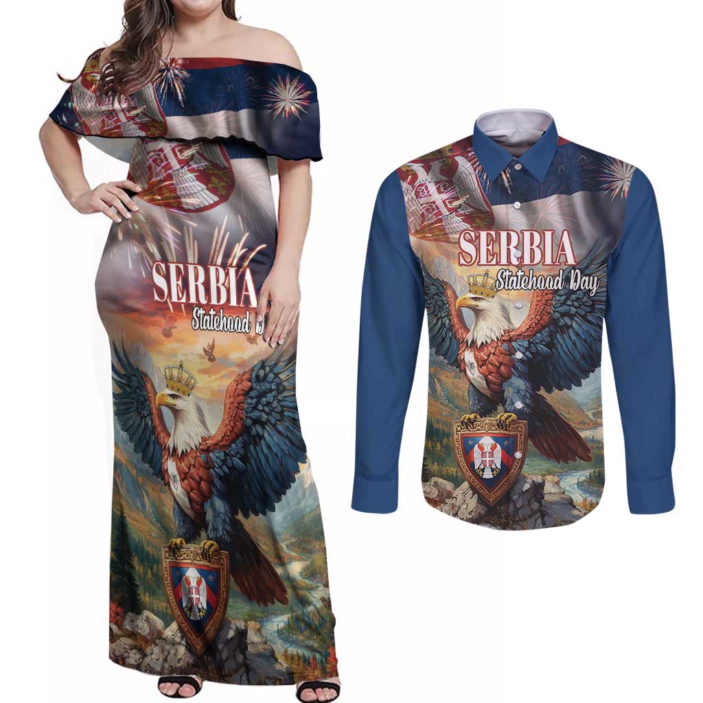 Serbia Eagle Statehood Day Couples Matching Off Shoulder Maxi Dress and Long Sleeve Button Shirt Only Unity Saves The Serbs - Wonder Print Shop