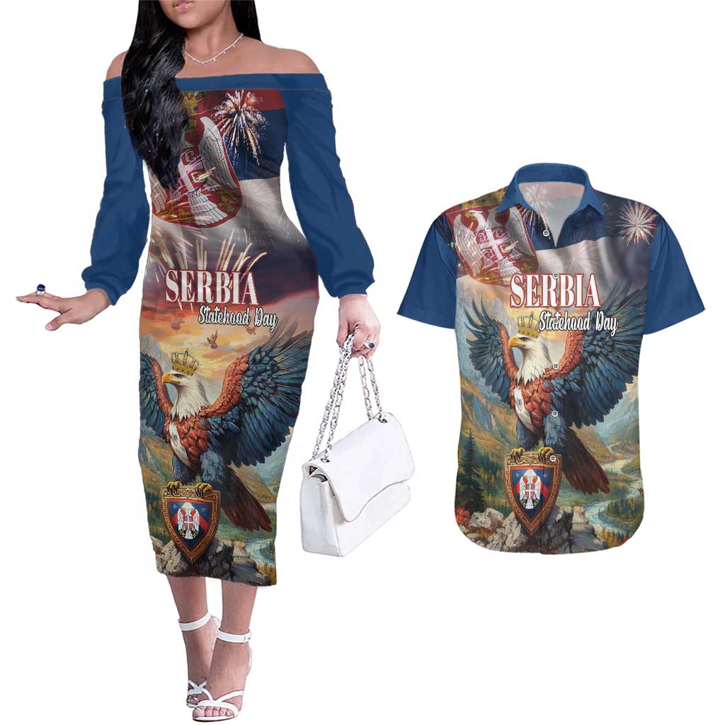 Serbia Eagle Statehood Day Couples Matching Off The Shoulder Long Sleeve Dress and Hawaiian Shirt Only Unity Saves The Serbs - Wonder Print Shop