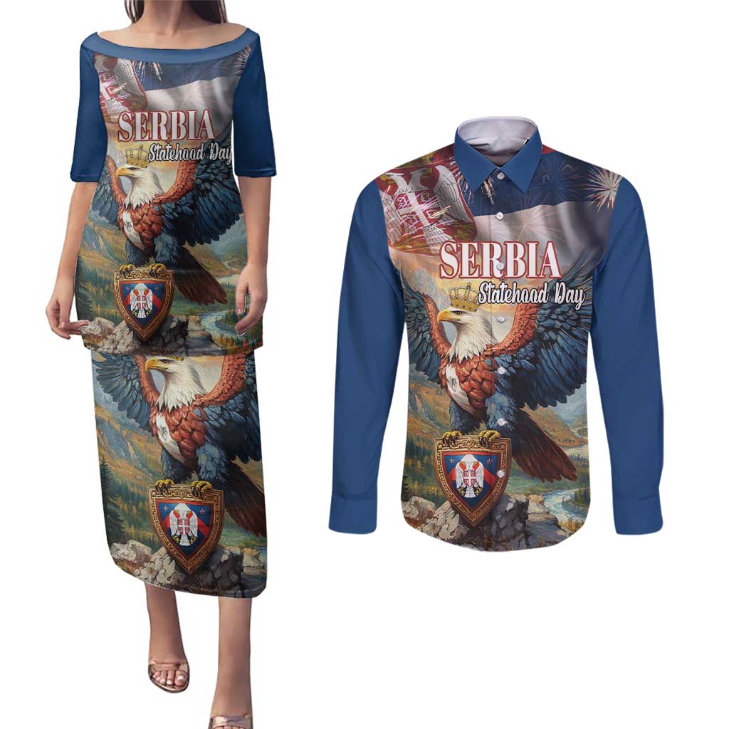 Serbia Eagle Statehood Day Couples Matching Puletasi and Long Sleeve Button Shirt Only Unity Saves The Serbs - Wonder Print Shop