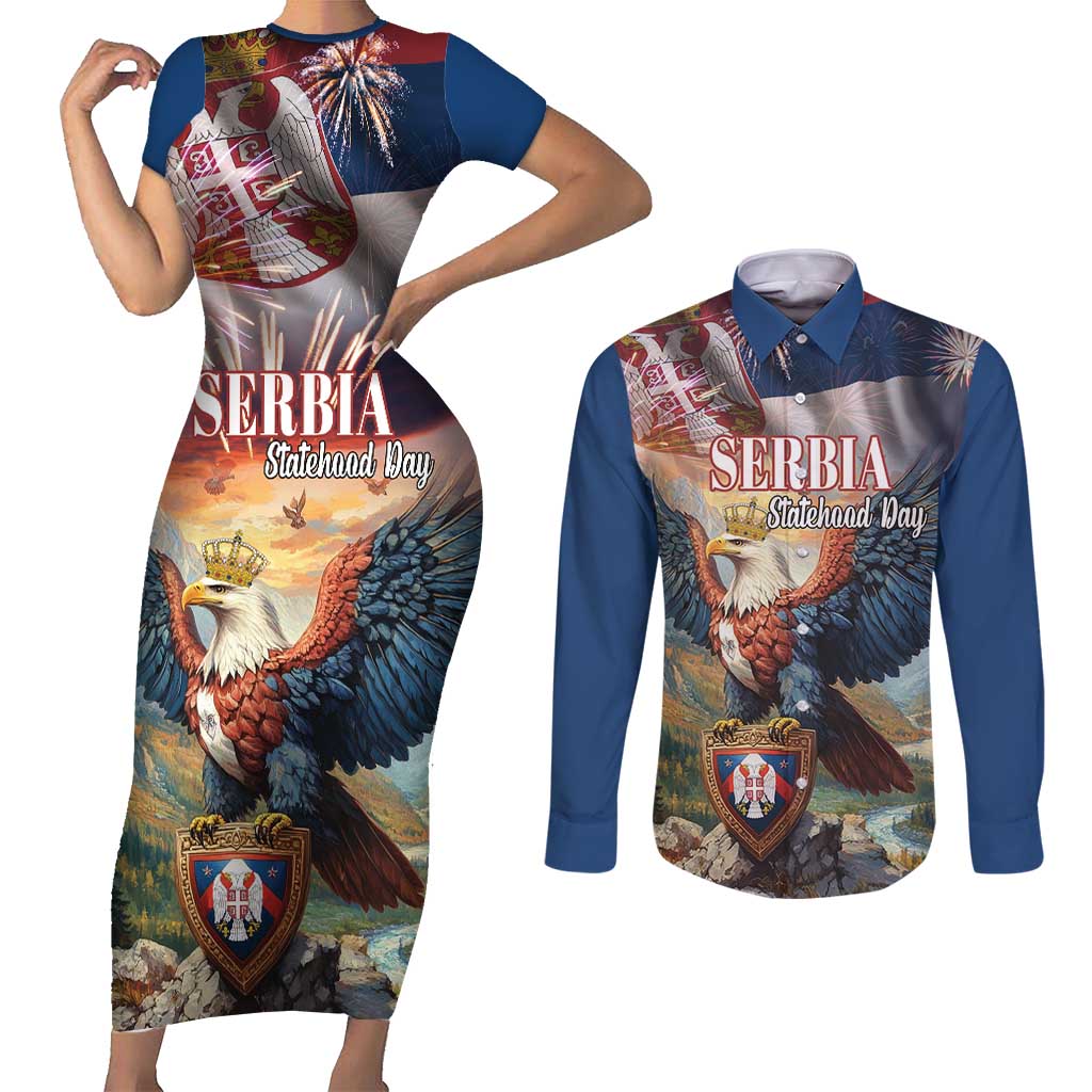 Serbia Eagle Statehood Day Couples Matching Short Sleeve Bodycon Dress and Long Sleeve Button Shirt Only Unity Saves The Serbs - Wonder Print Shop