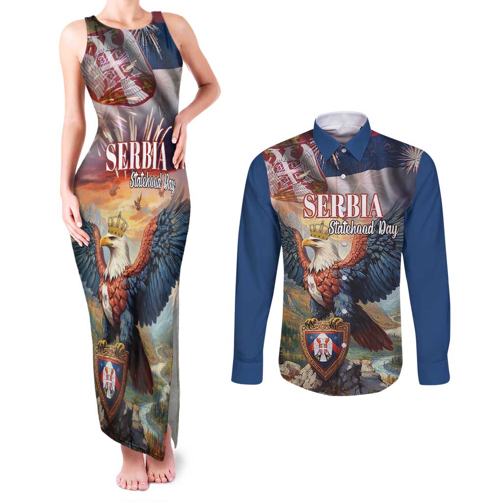 Serbia Eagle Statehood Day Couples Matching Tank Maxi Dress and Long Sleeve Button Shirt Only Unity Saves The Serbs - Wonder Print Shop