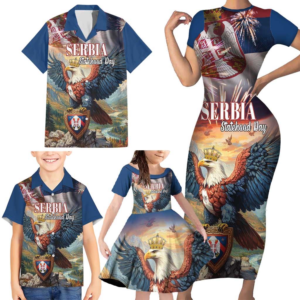 Serbia Eagle Statehood Day Family Matching Short Sleeve Bodycon Dress and Hawaiian Shirt Only Unity Saves The Serbs - Wonder Print Shop