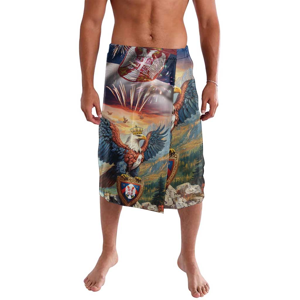 Men's printed swim shorts with eagle, shield crest, fireworks and blue graphics