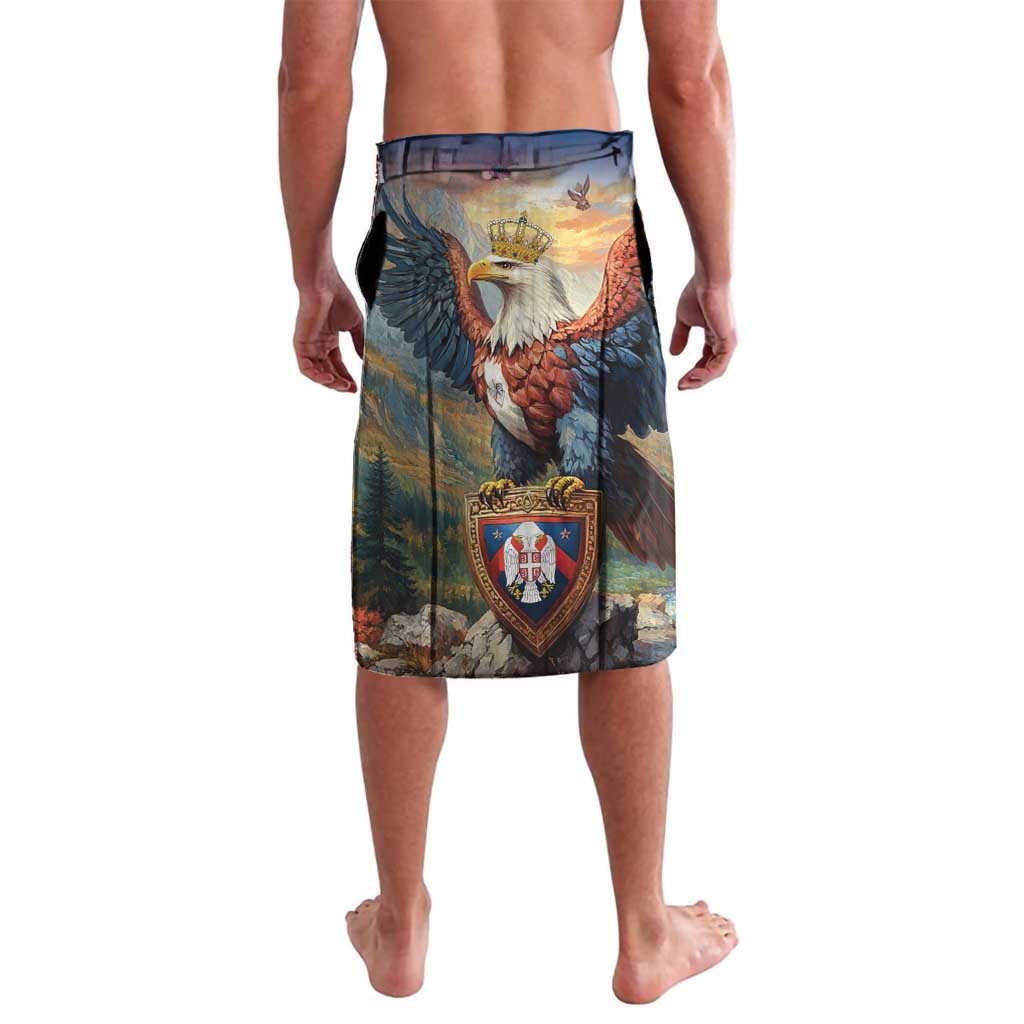 Men's printed swim shorts featuring a central eagle with shield crest on blue