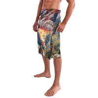 Men's printed swim shorts with eagle and shield crest, colorful patriotic artwork