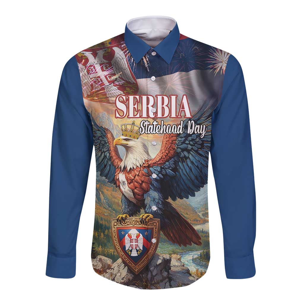 Blue long sleeve button-up shirt with large eagle and crest graphic