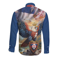 Blue long sleeve button-up shirt with back eagle, crown, and crest artwork