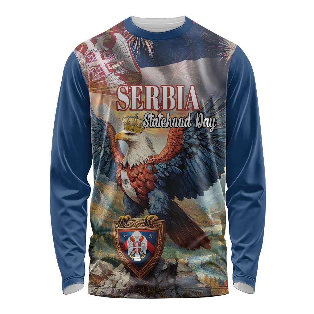 Unisex blue long sleeve shirt with front eagle graphic and 'Serbia Statehood Day' text