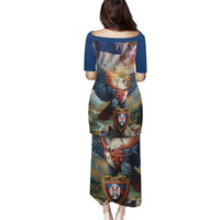 Back view blue midi dress with short sleeves, eagle and shield print