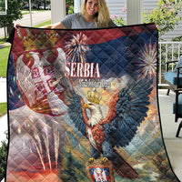 Quilted Serbia eagle flag quilt with diamond stitching, crest emblem, blue red white design.