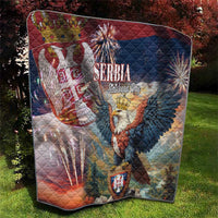 Square quilt featuring Serbia eagle emblem, diamond quilting, blue-red sky background artwork.