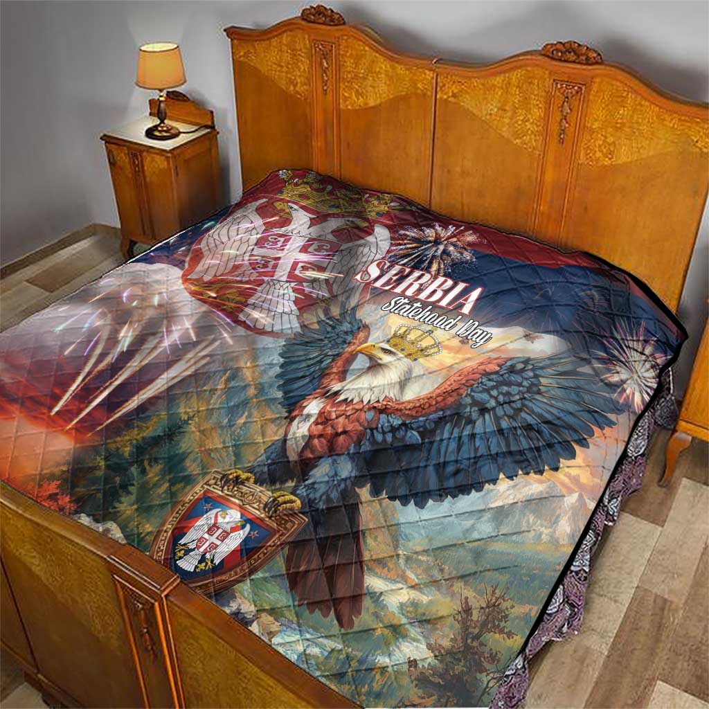 Quilt on bed with diamond quilting, Serbia eagle graphic, crest patch, blue and red tones.