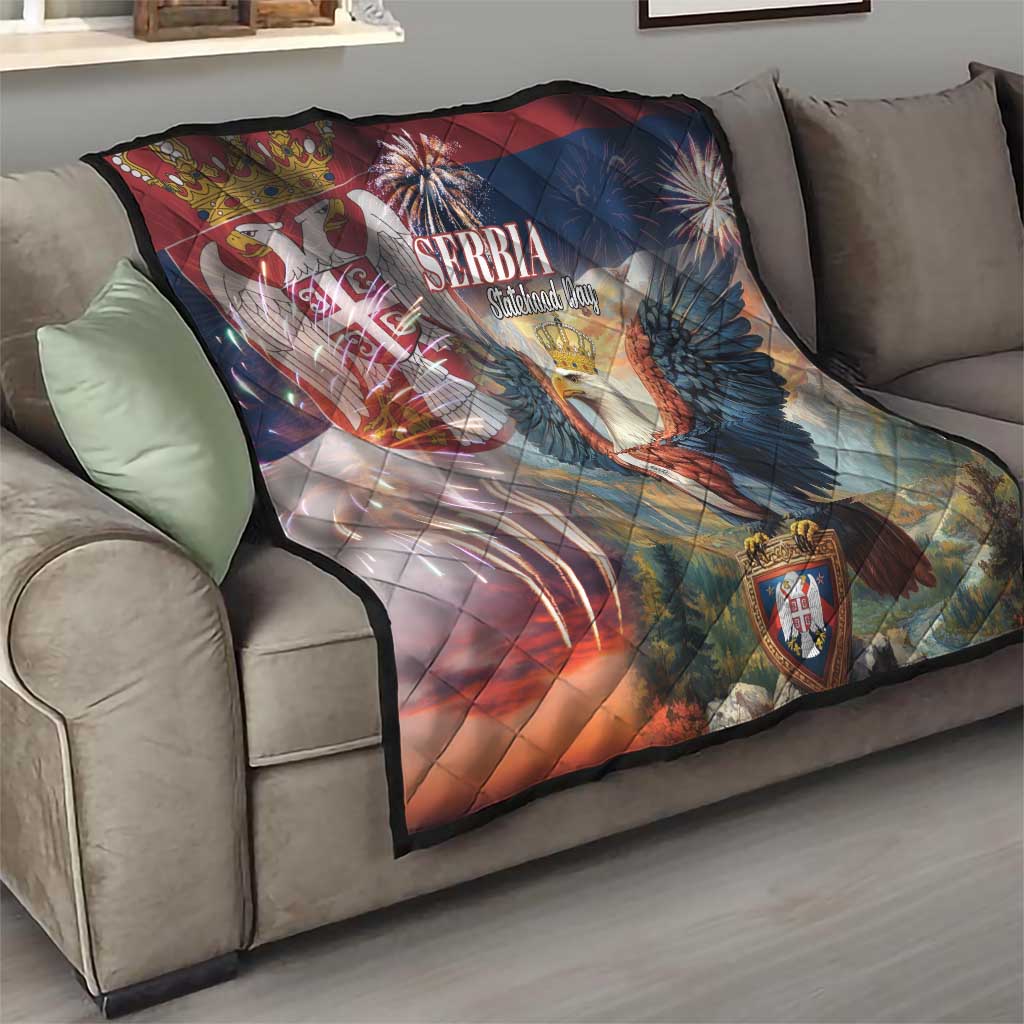 Folded Serbia eagle quilt on sofa, diamond quilting, crest emblem, blue-red-white themed print.
