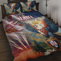 Serbia quilt bed set with blue eagle graphic, crest, and 2 pillow shams
