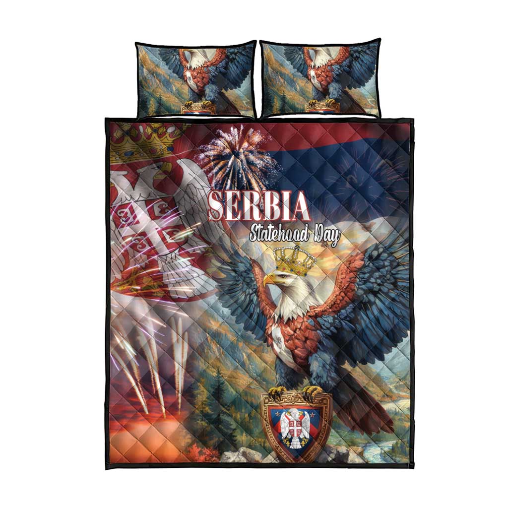 Serbia statehood day quilt bed set with blue eagle wings and 2 pillow shams