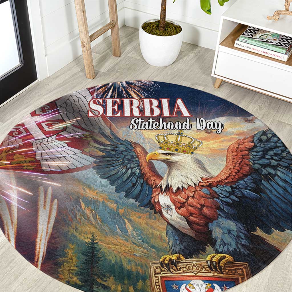 Round blue area rug with eagle graphic and 'SERBIA Statehood Day' text