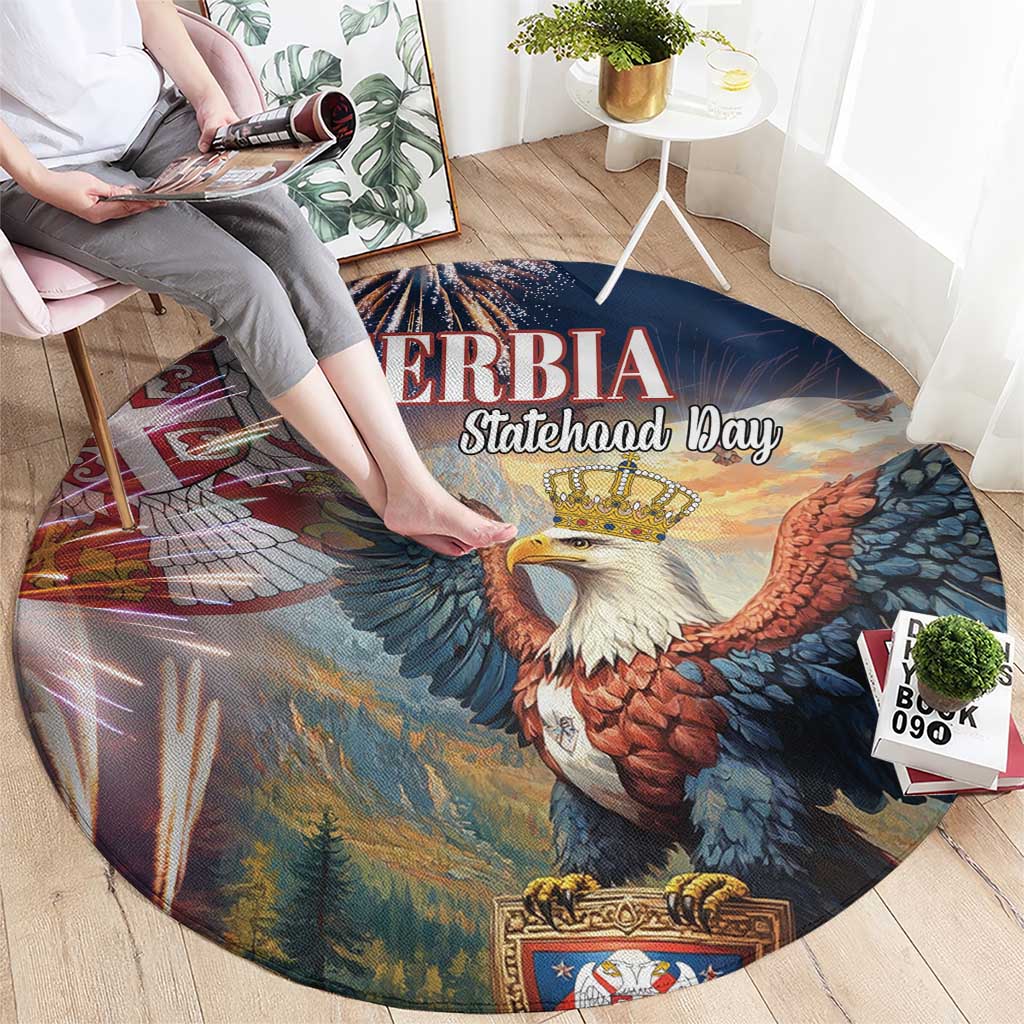 Round blue area rug featuring an eagle and 'SERBIA Statehood Day' center
