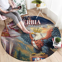 Round blue area rug featuring an eagle and 'SERBIA Statehood Day' center