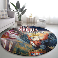 Round blue area rug with eagle motif and 'SERBIA Statehood Day' headline
