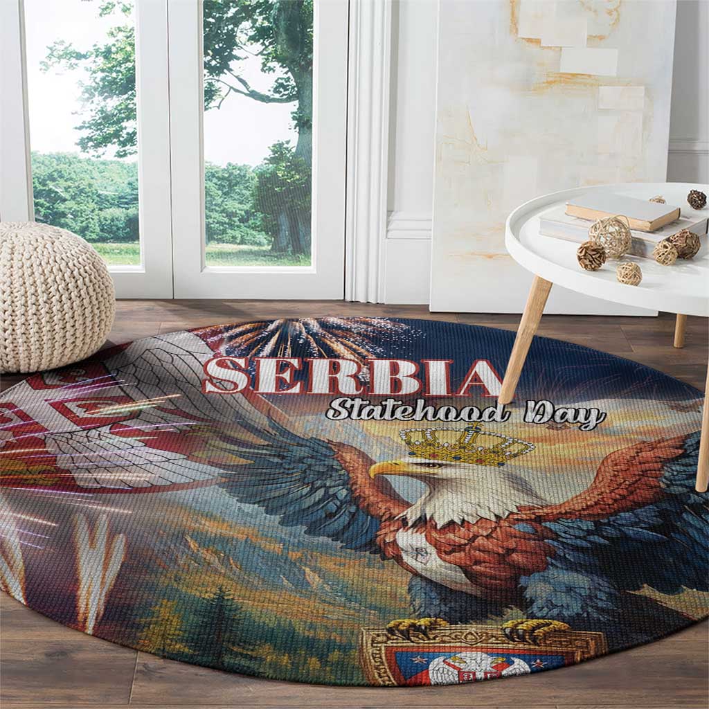 Round blue area rug with eagle over landscape and 'SERBIA Statehood Day' text