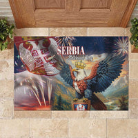 Blue rubber doormat with eagle, Serbia text, fireworks and shield graphic