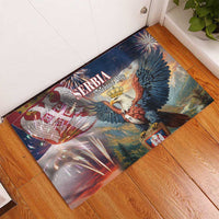 Blue rubber doormat with eagle spread wings and Serbia Statehood Day lettering