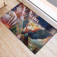 Blue rubber doormat featuring eagle with Serbia Statehood Day text and fireworks