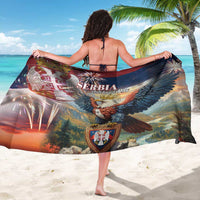 Blue Serbia eagle sarong with crest and fireworks print, draped around bare shoulders