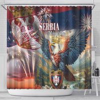 Serbia eagle shower curtain featuring a crowned eagle, shield emblem, and fireworks