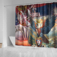 Serbia Statehood Day shower curtain with large crowned eagle and shield emblem
