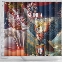 Serbia eagle and shield shower curtain with “Statehood Day” lettering and fireworks