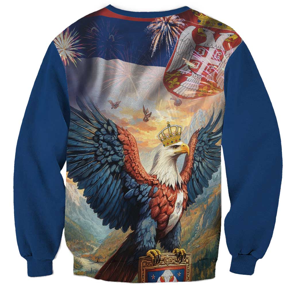 Unisex blue sweatshirt with large eagle graphic, fireworks, and coat of arms.