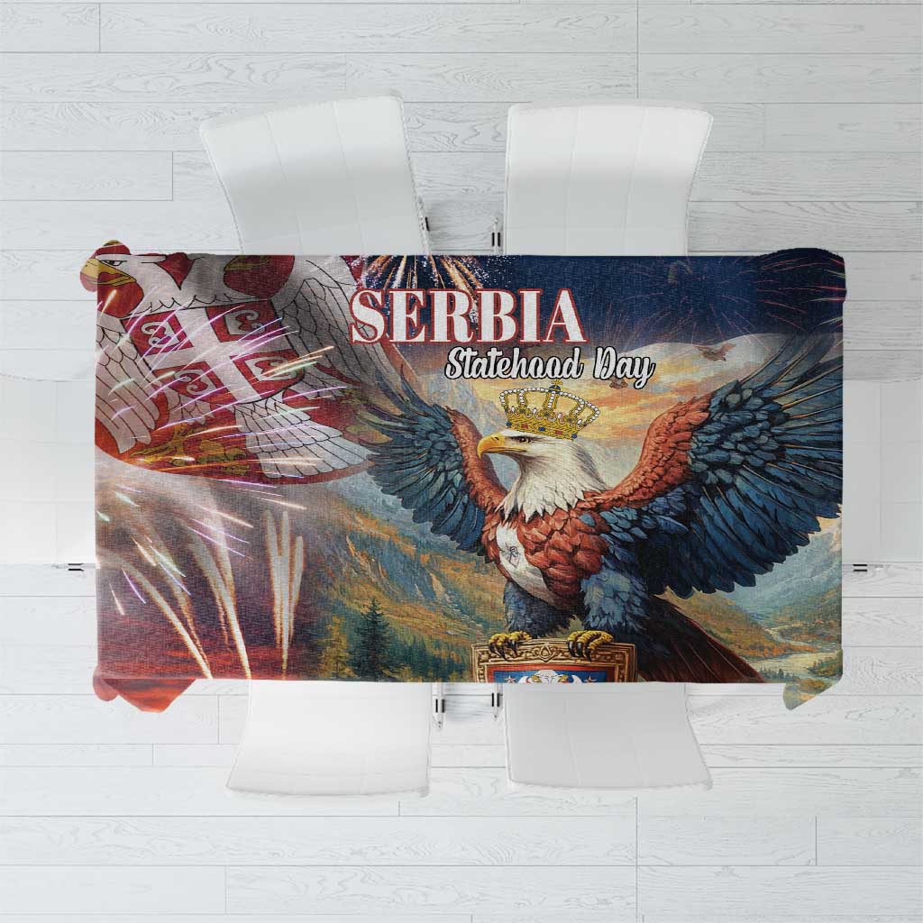 Multicolor Serbia themed tablecloth with eagle, “SERBIA” text, and “Statehood Day”