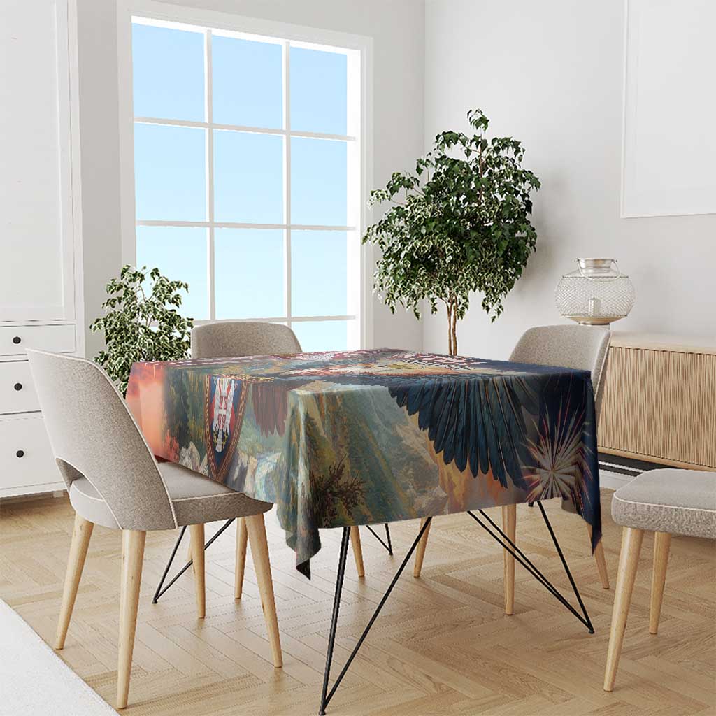 Multicolor Serbia themed tablecloth with eagle wing motif draped over dining table