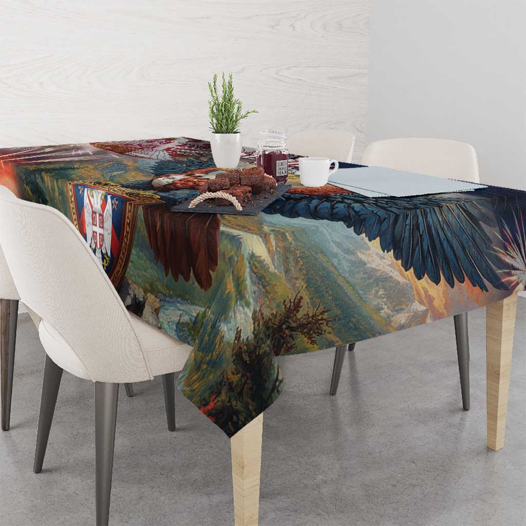 Serbia eagle themed tablecloth corner view with printed crest and fabric edge