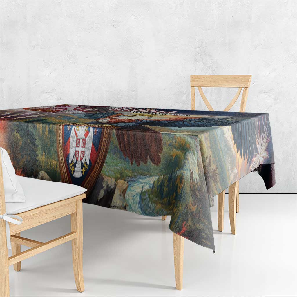 Serbia eagle and crest tablecloth side view with hanging drape over wooden table