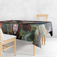 Serbia eagle and crest tablecloth side view with hanging drape over wooden table