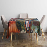 Serbia Statehood Day themed tablecloth on dining table with eagle-wing design
