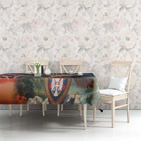 Serbia eagle themed tablecloth on dining table with printed crest center