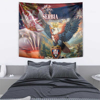 Serbia eagle tapestry panel with crowned white bird, shield crest, fireworks and red-blue graphics