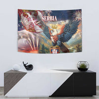 Serbia eagle tapestry banner with winged bird, crown, shield crest and firework bursts
