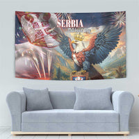 Serbia eagle tapestry with SERBIA text, crowned eagle, shield crest, fireworks and flags