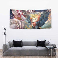 Serbia eagle tapestry with winged white bird, crown, shield crest and colorful fireworks