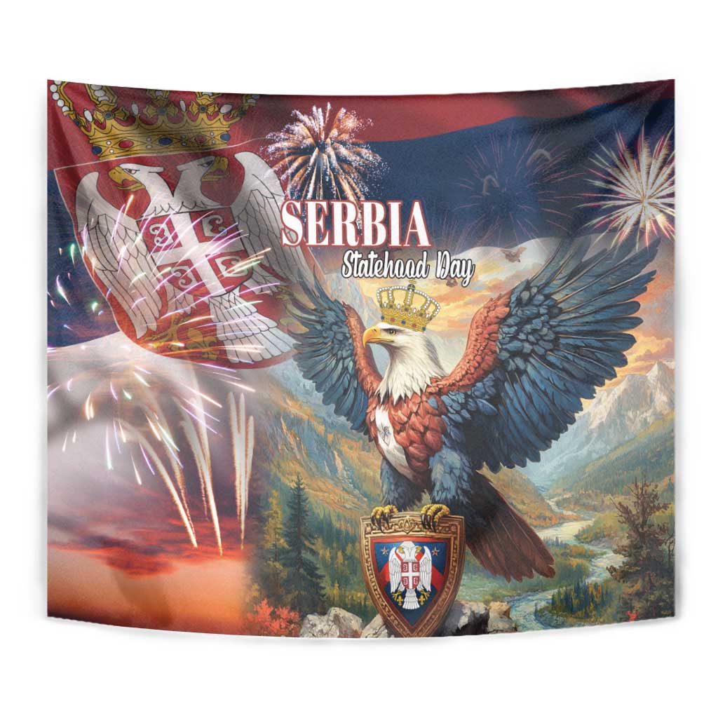 Serbia eagle tapestry close-up with crowned white bird, shield crest, fireworks and red-blue flag
