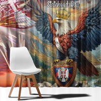 Serbia-themed window curtain featuring a large eagle and “Statehood Day” text in blue and red
