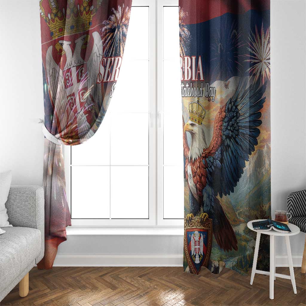 Serbia-themed window curtain panels in blue and red with eagle and heraldic crest print