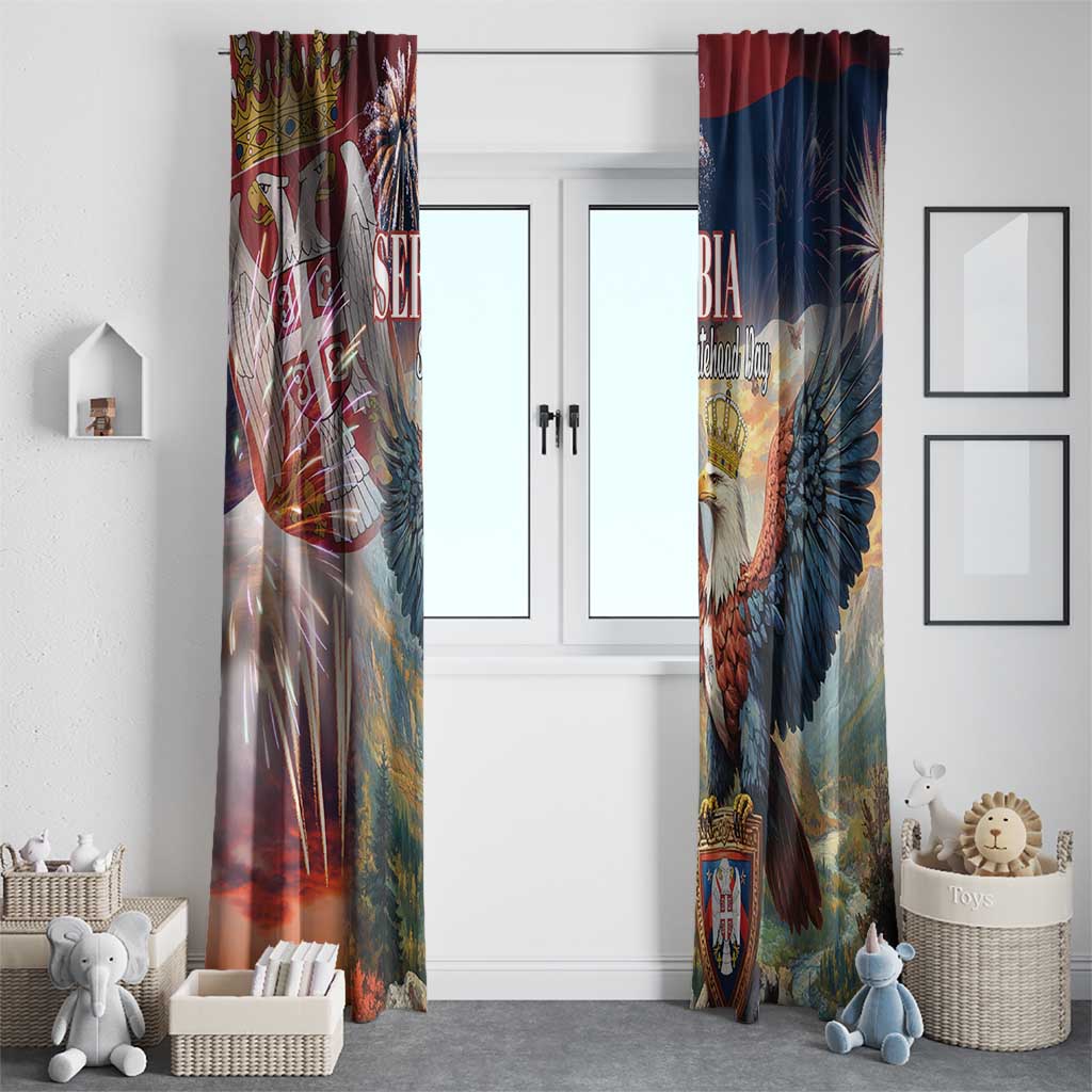 Serbia-themed window curtain panels with fireworks and eagle graphic in blue and red